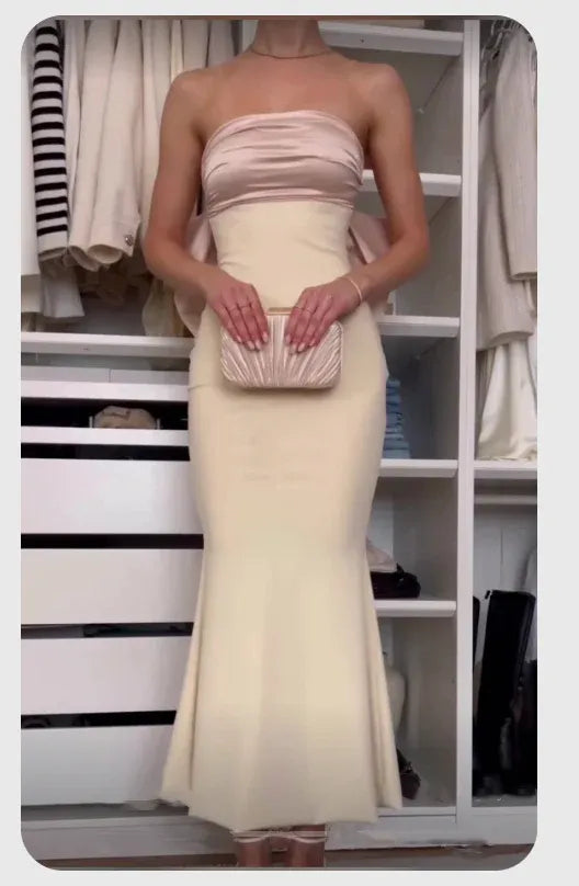 Simple Sheath/Column Strapless Sleeveless Pleated Bow Evening Dress