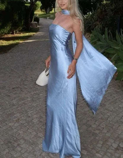 Simple Sheath/Column Strapless Sleeveless Satin Floor-Length Lace Up Prom Dress