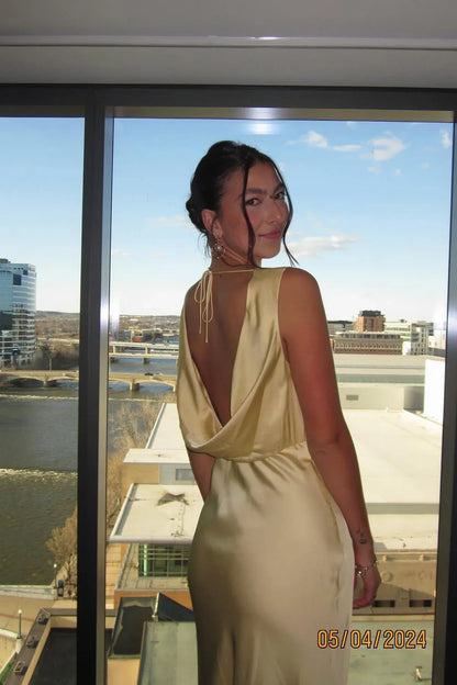 Simple Sheath Cowl Neck Sleeveless Ruched Satin Floor-Length Prom Dress