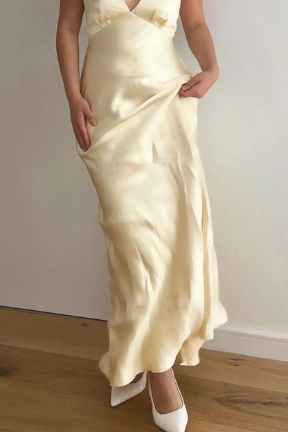 Simple Sheath Cowl Neck Sleeveless Ruched Satin Floor-Length Prom Dress