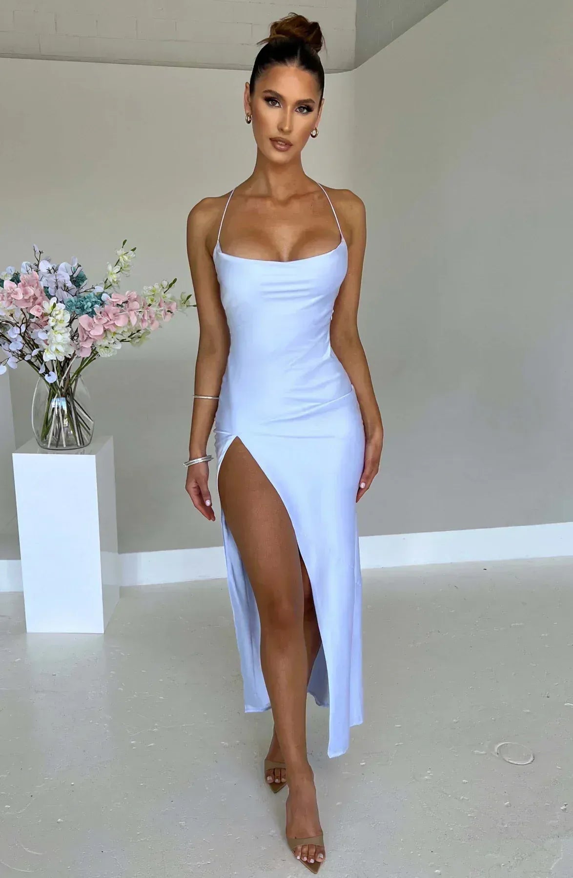 Simple Sheath Off Sleeves Sleeveless Pleated Satin Ankle-Length Prom Dress
