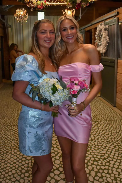 Simple Sheath Off the Shoulder Sleeveless Satin Short-Mini Homecoming Dress