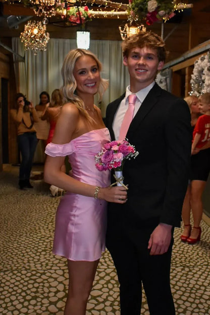 Simple Sheath Off the Shoulder Sleeveless Satin Short-Mini Homecoming Dress