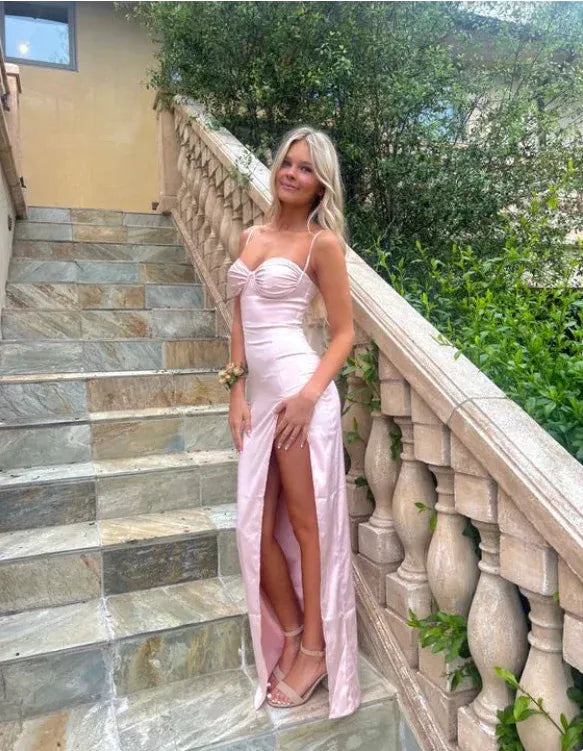 Simple Sheath Spaghetti Straps Sleeveless Pleated Satin Floor-Length Prom Dress