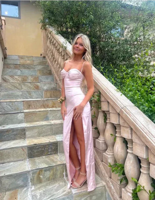 Simple Sheath Spaghetti Straps Sleeveless Pleated Satin Floor-Length Prom Dress