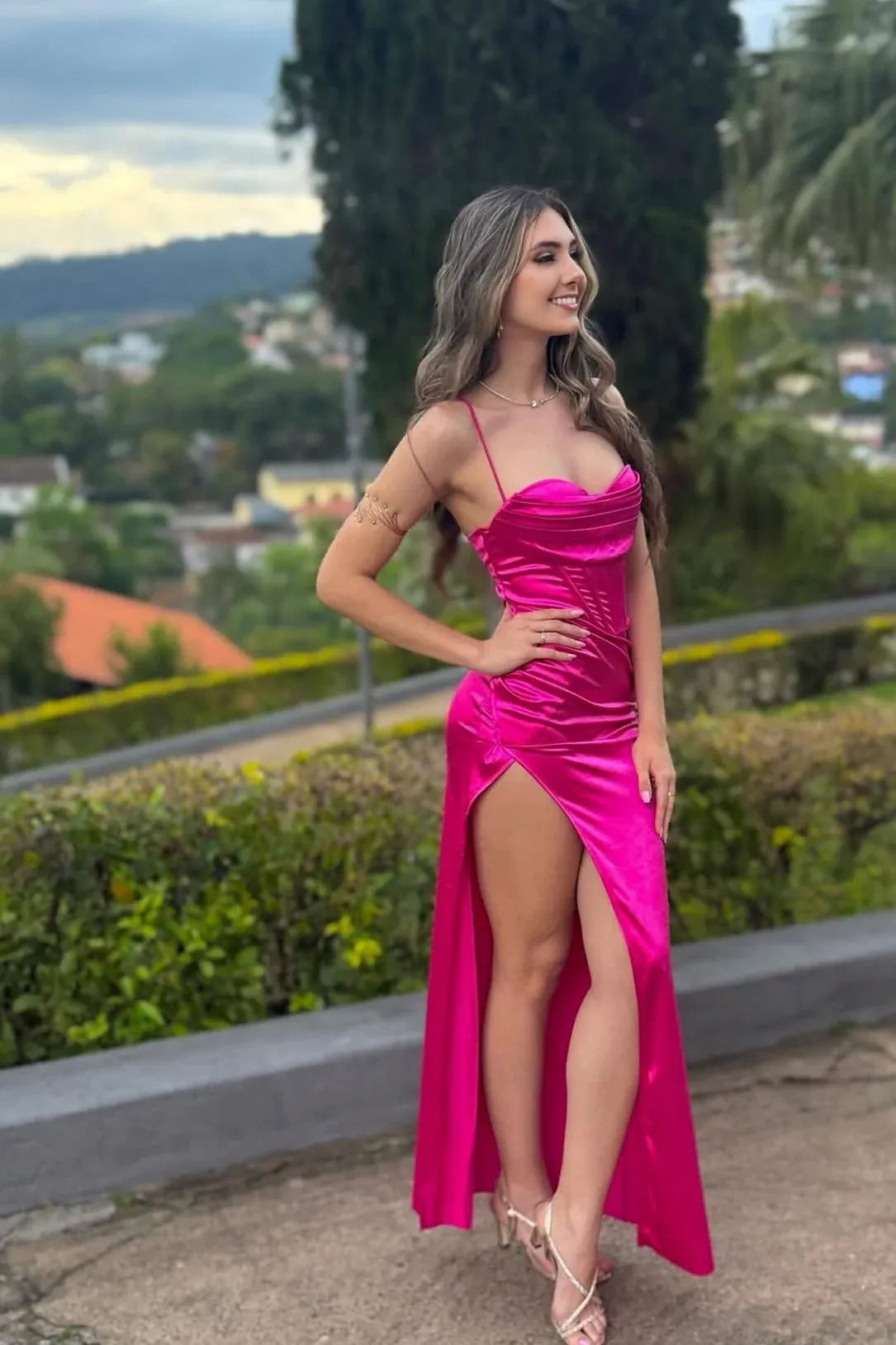 Simple Sheath Spaghetti Straps Sleeveless Slit Satin Floor-Length Prom Dress
