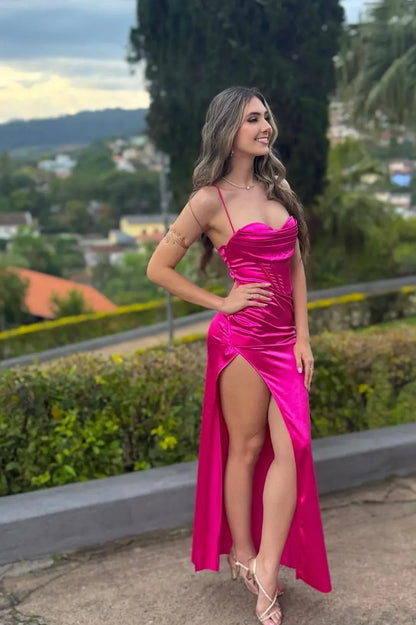 Simple Sheath Spaghetti Straps Sleeveless Slit Satin Floor-Length Prom Dress