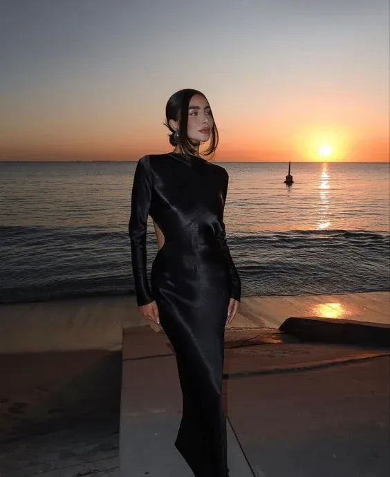 Simple Slim High Neck Long Sleeves Satin Cut Design Floor-Length Evening Dress