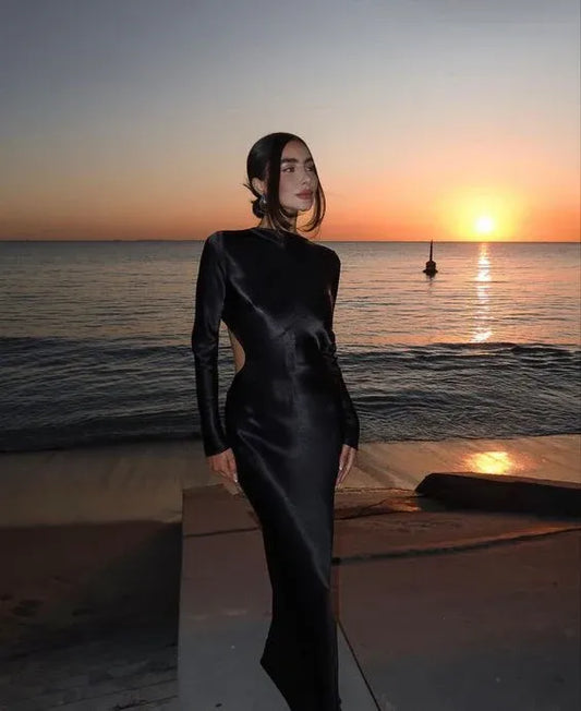 Simple Slim High Neck Long Sleeves Satin Cut Design Floor-Length Evening Dress
