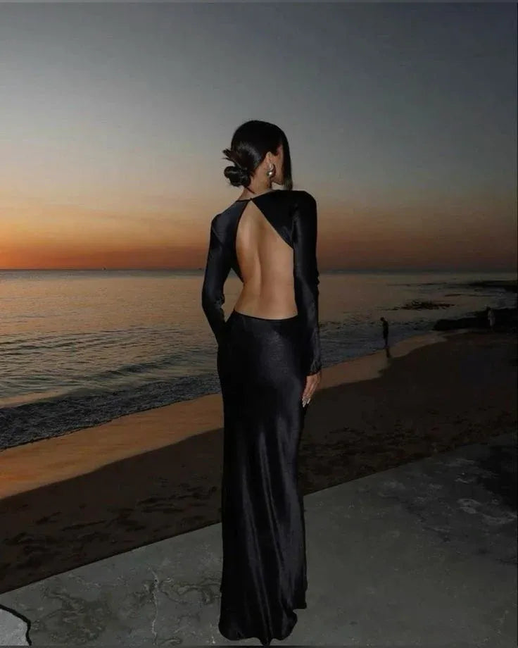 Simple Slim High Neck Long Sleeves Satin Cut Design Floor-Length Evening Dress