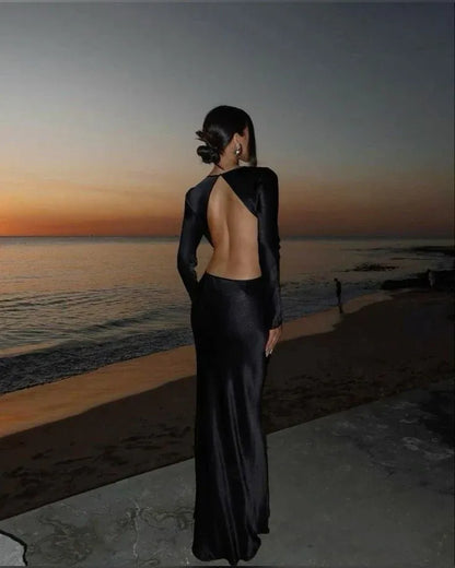 Simple Slim High Neck Long Sleeves Satin Cut Design Floor-Length Evening Dress