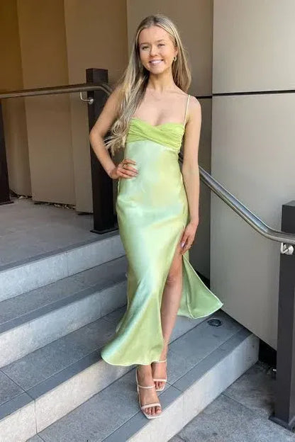 Simple Spaghetti Straps Sleeveless Bodycon Pleated Satin Ankle-Length Prom Dress