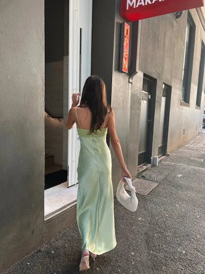Simple Spaghetti Straps Sleeveless Bodycon Pleated Satin Ankle-Length Prom Dress