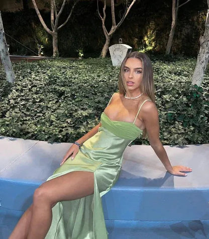 Simple Spaghetti Straps Sleeveless Bodycon Pleated Satin Ankle-Length Prom Dress