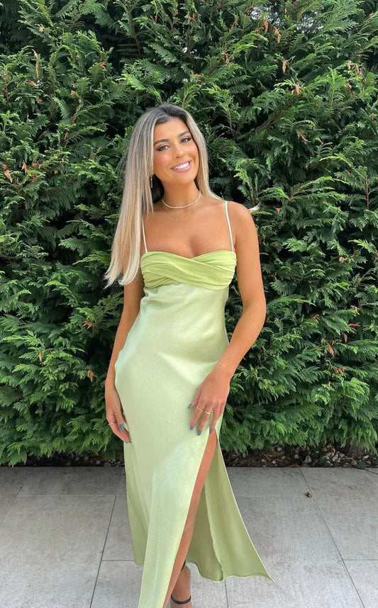 Simple Spaghetti Straps Sleeveless Bodycon Pleated Satin Ankle-Length Prom Dress