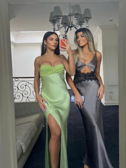 Simple Spaghetti Straps Sleeveless Bodycon Pleated Satin Ankle-Length Prom Dress