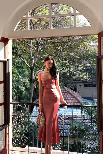 Simple Spaghetti Straps Sleeveless Mermaid Satin Pleated Ankle-Length Prom Dress