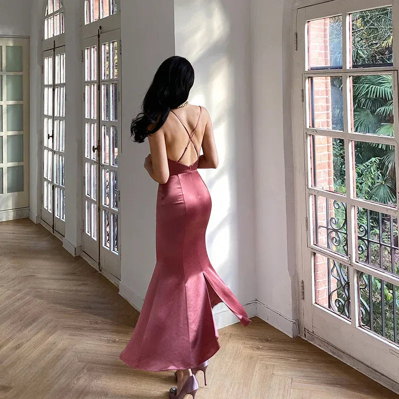 Simple Spaghetti Straps Sleeveless Mermaid Satin Pleated Ankle-Length Prom Dress