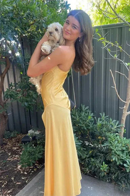 Simple Spaghetti Straps Sleeveless Sheath Ruched Satin Long Prom Dress