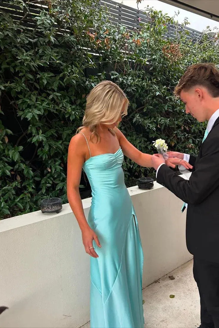 Simple Spaghetti Straps Sleeveless Sheath Ruched Satin Long Prom Dress