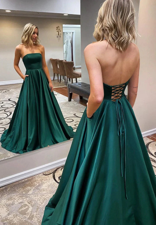 Simple Strapless Long Green Prom Dresses A-Line Evening Dresses