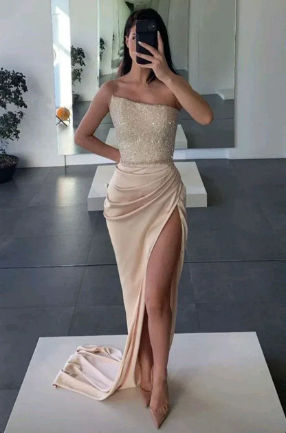 Simple Strapless Sheath Sleeveless Sequins Satin Floor-Length Evening Dress