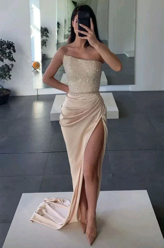 Simple Strapless Sheath Sleeveless Sequins Satin Floor-Length Evening Dress