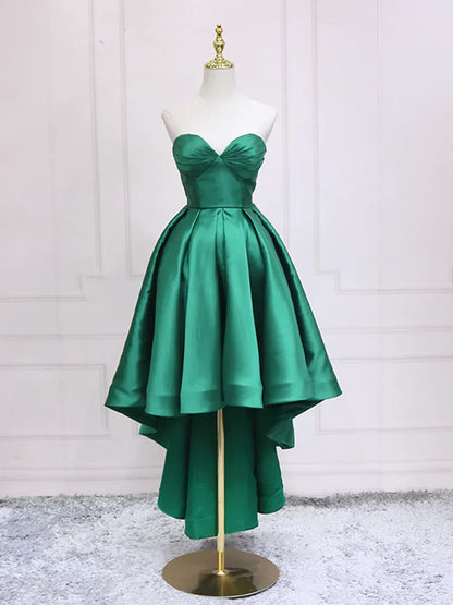 Simple Strapless Sleeveless A-Line Satin Pleated High Low-Length Party Dress