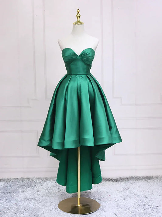 Simple Strapless Sleeveless A-Line Satin Pleated High Low-Length Party Dress