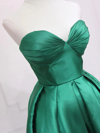 Simple Strapless Sleeveless A-Line Satin Pleated High Low-Length Party Dress