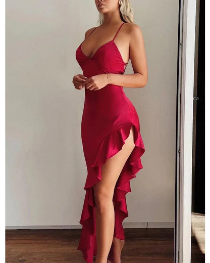 Simple V Neck Sleeveless Mermaid Pleated Satin Floor-Length Evening Dress