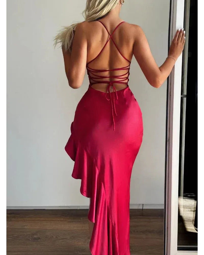 Simple V Neck Sleeveless Mermaid Pleated Satin Floor-Length Evening Dress