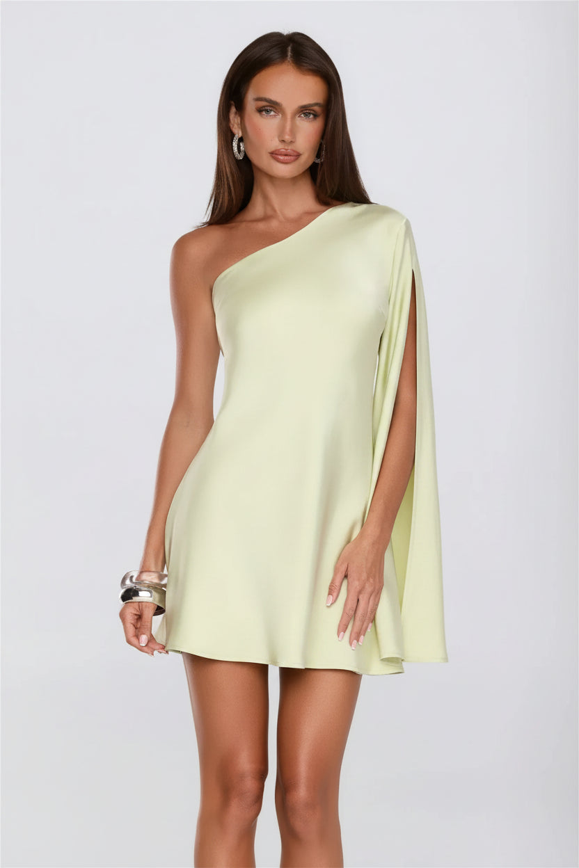 Simple Chic A-Line One-Shoulder Flowy Light Pistachio Mini Homecoming Dress