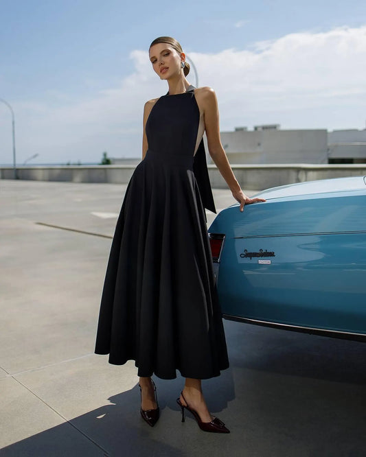 Simple Elegant A-Line Halter Open Back Bow Black Midi Prom Dress For Female Guests