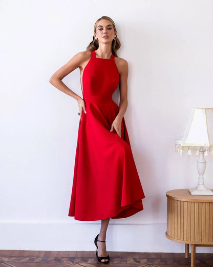 Simple Elegant A-Line Halter Open Back Bow Black Midi Prom Dress For Female Guests