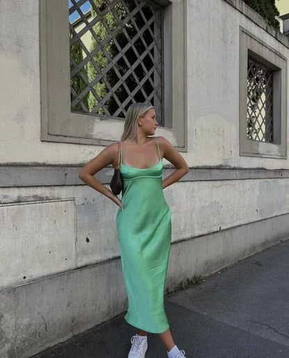 Simple Sheath/Column Spaghetti Straps Sleeveless Satin Ankle-Length Prom Dress