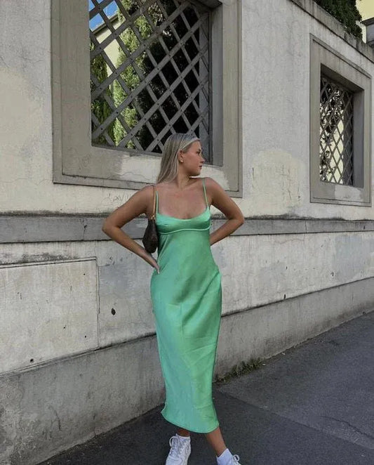 Simple Sheath/Column Spaghetti Straps Sleeveless Satin Ankle-Length Prom Dress