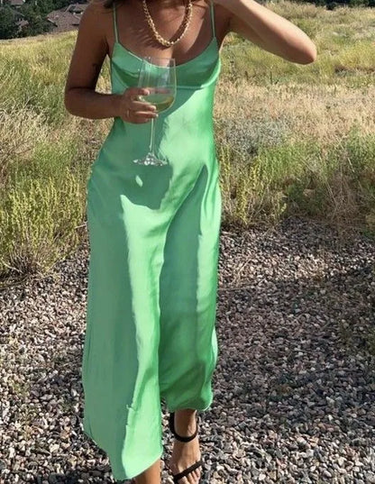 Simple Sheath/Column Spaghetti Straps Sleeveless Satin Ankle-Length Prom Dress