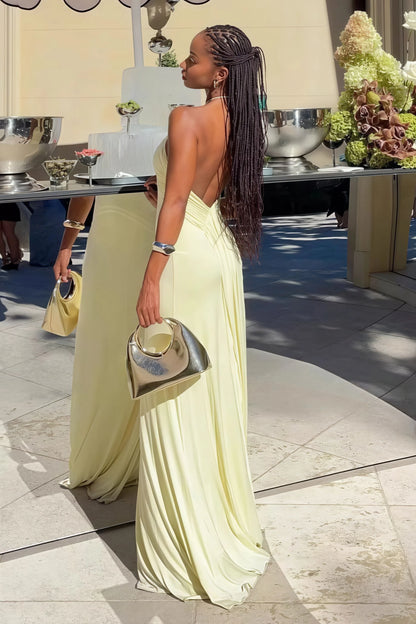 Simple Sheath Halter-Neck Ruched Bust Backless Pale Yellow Floor-Length Prom Dresses
