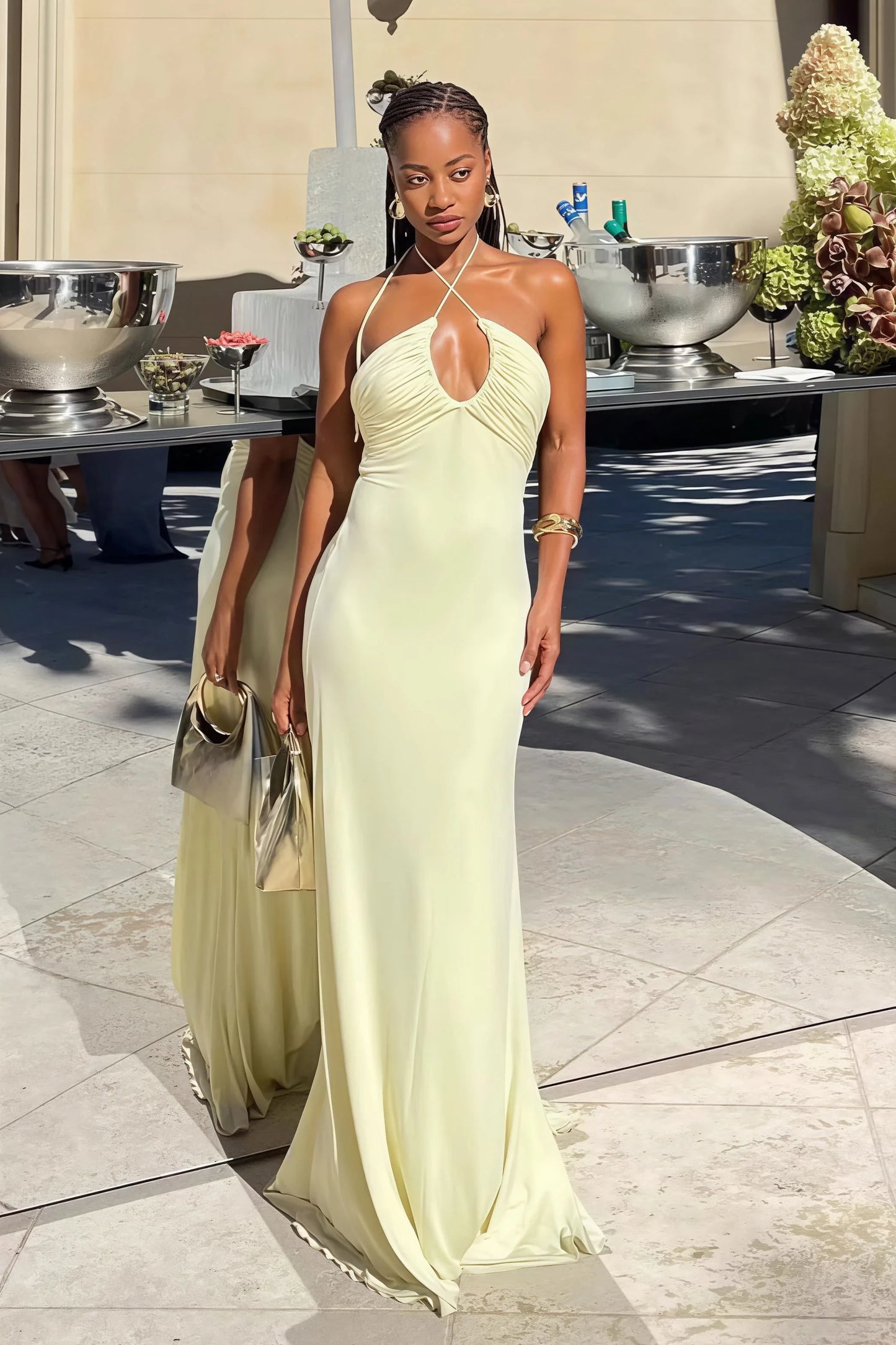 Simple Sheath Halter-Neck Ruched Bust Backless Pale Yellow Floor-Length Prom Dresses