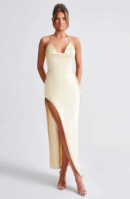 Simple Sheath Halter Backless High-Slit Lemon Floor-Length Prom Dress With Tie