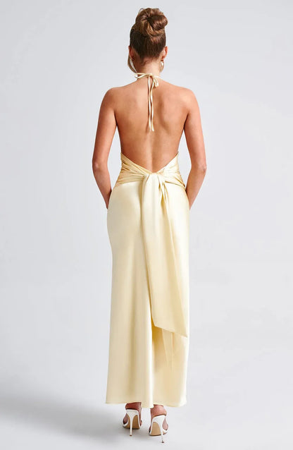 Simple Sheath Halter Backless High-Slit Lemon Floor-Length Prom Dress With Tie
