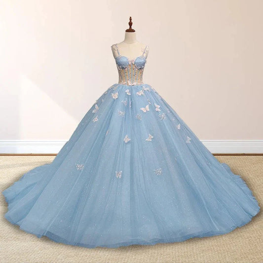 Sky Blue Quinceanera Dresses with 3D Butterfly Beading Appliques