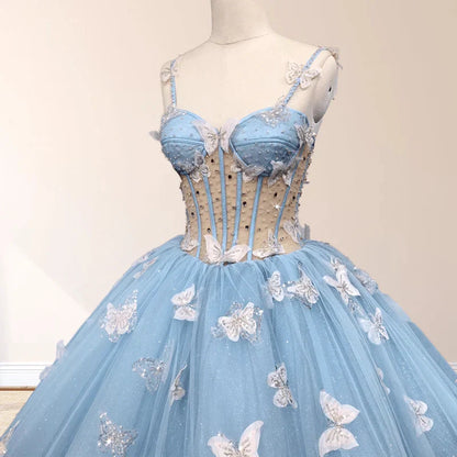 Sky Blue Quinceanera Dresses with 3D Butterfly Beading Appliques