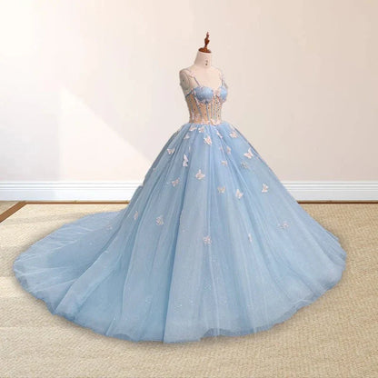 Sky Blue Quinceanera Dresses with 3D Butterfly Beading Appliques