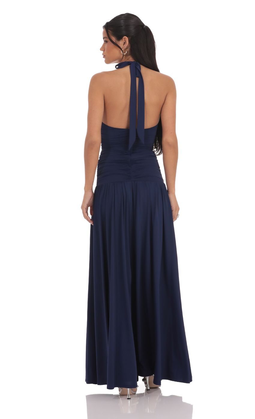 Sleek A-Line Plunging V-Neck Halter-Back Navy Blue Ruched Floor-Length Prom Dresses