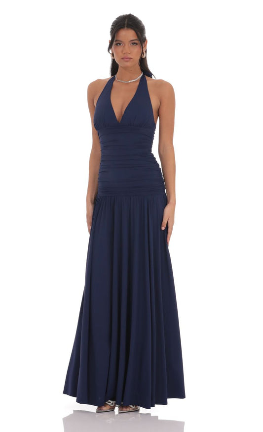 Sleek A-Line Plunging V-Neck Halter-Back Navy Blue Ruched Floor-Length Prom Dresses