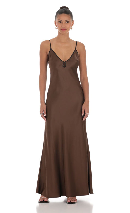 Sleek A-Line Spaghetti-Strap Contrast-Trim Chocolate Satin Floor-Length Prom Dresses