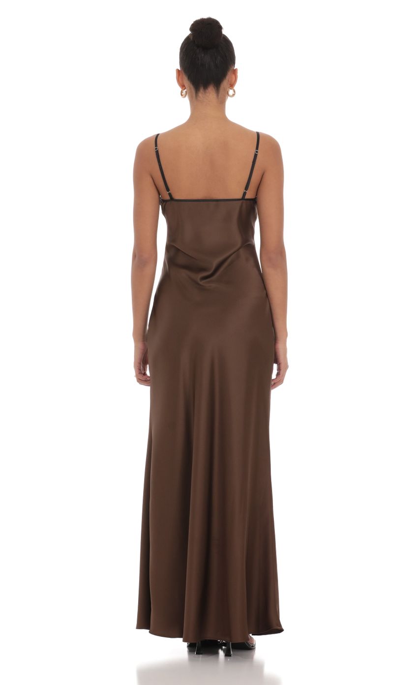 Sleek A-Line Spaghetti-Strap Contrast-Trim Chocolate Satin Floor-Length Prom Dresses