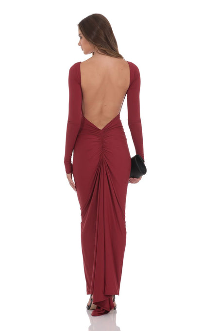 Sleek Bodycon Boat-Neck Long-Sleeve Deep-Open-Back Burgundy Jersey Floor-Length Prom Dresses